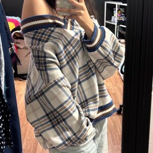 Blue and White Plaid Off-Shoulder Sweater